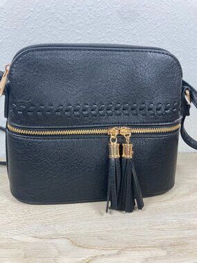 NWT Le Bag Blush Crossbody Bag – Black Double Zip Purse with Tassels